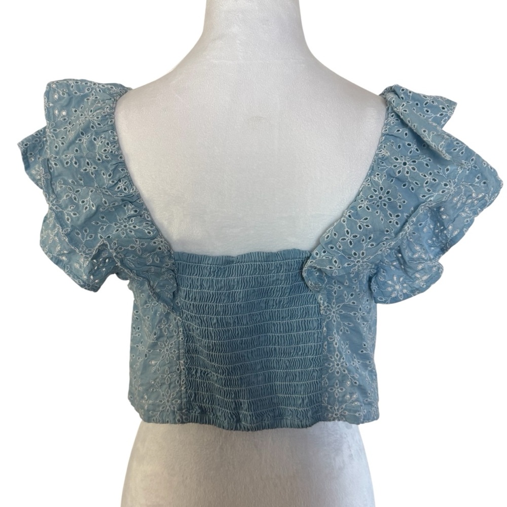 BCBGeneration Blue Eyelet Ruffle Crop Top Cottagecore Large - Picture 5 of 9